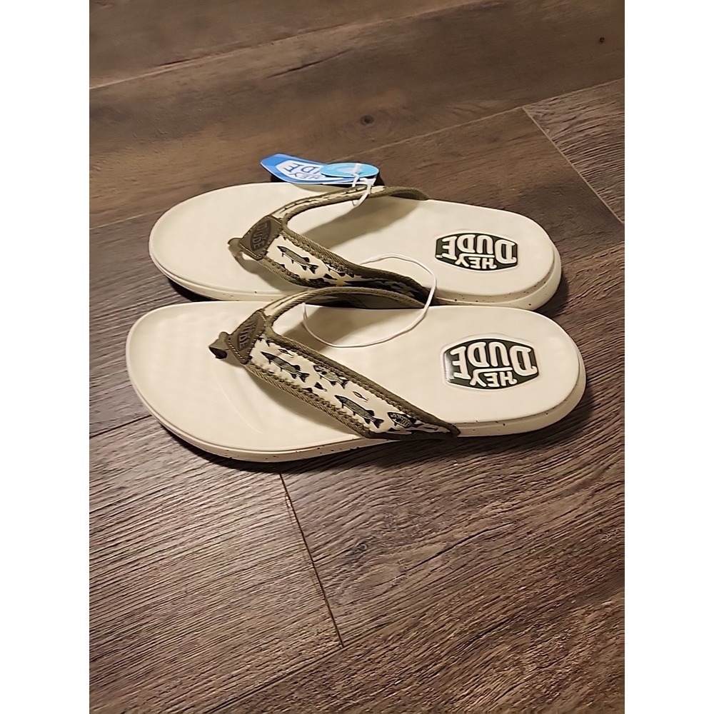 Hey Dude Men's 11 Flip Flops Olive Tan Fishing Lure Sandals Comfort Myers - Picture 3 of 5